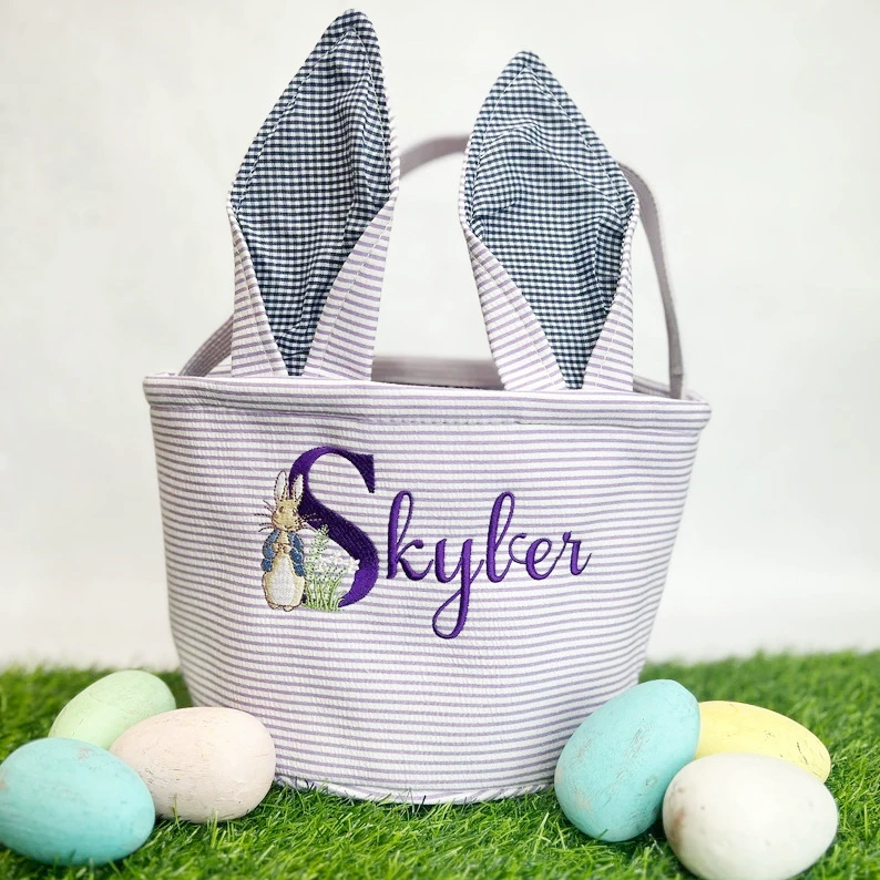 Корзина для ушей кролика с вышитыми буквами пасхальная корзина яйца корзина название вышивка Easter Basket