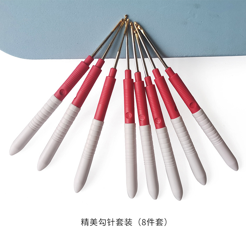 Herramientas de tejer suéter aguja mango plástico fino oro cabeza encaje crochet un conjunto 8 OPP bolsa embalaje