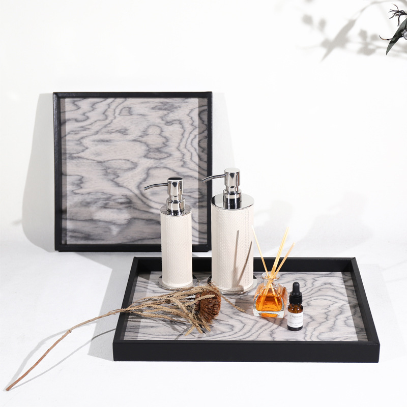 Handmade Black Leather-Edged Aromatherapy Solid Wood Tray Ins-Style Ornament Home Model Room Living Room Soft Decoration