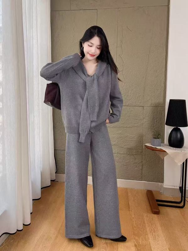 气质休闲毛衣披肩三件套女2025秋冬新款宽松开衫上衣+阔腿裤套装|undefined
