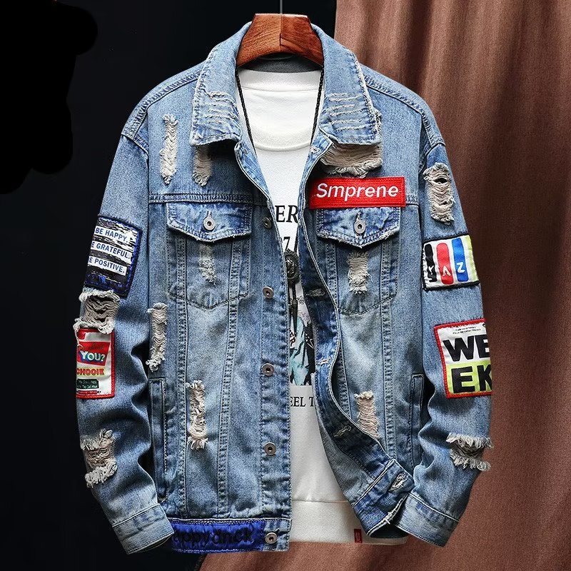 Cross-border Denim Jacket Men's Trendy Brand Ripped Embroidered Denim Jacket Spring Trendy Youth Thin Casual Jacket