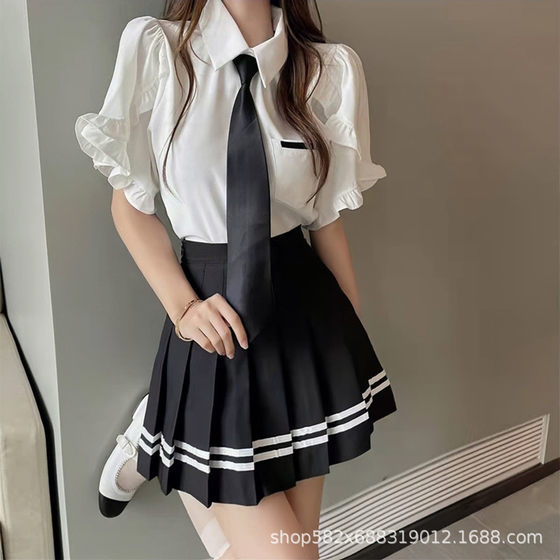 Pleated Skirt Women's Belt Safety Pants Striped A- Line High Waist Slim Look Age-Reducing College Style Skirt Student JK Short Skirt