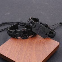 Temu热卖黑色狼头手链朋克风男皮手环手工编织手环Temu一件代发