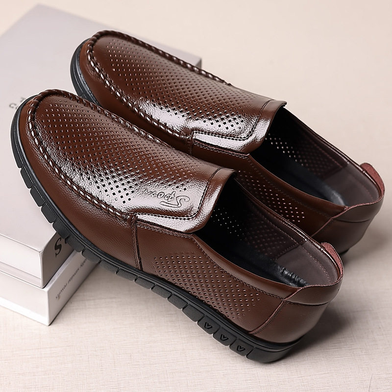 Dép sandal nam da bò thật thoáng khí lỗ rỗng, đế cao 1-3 cm, kiểu mùa hè — nâu, đen