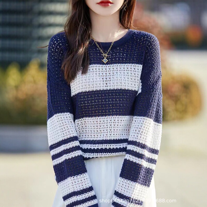 2025 Summer Artistic Loose Plus Size Women's Hollow Out Sun Protection Cover-Up Thin Striped Knit Sweater Round Neck Loose Fit