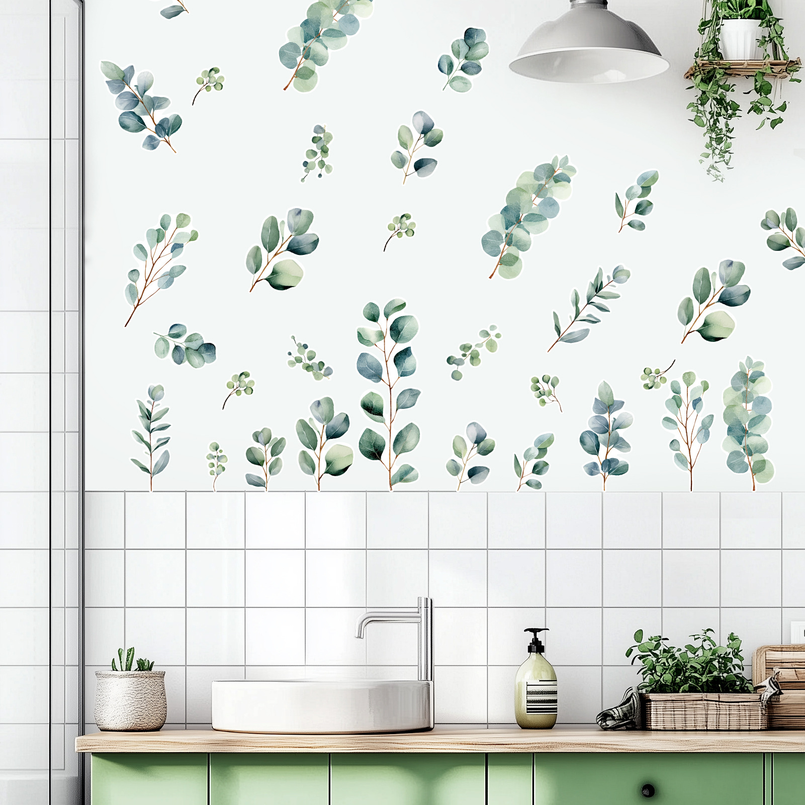 Okaliptüs Bitkisi Banyo Fayans Arka Plan Çıkartması Yaprak Su Geçirmez Duvar Sanatı Kendinden Yapışkanlı_voghion.com