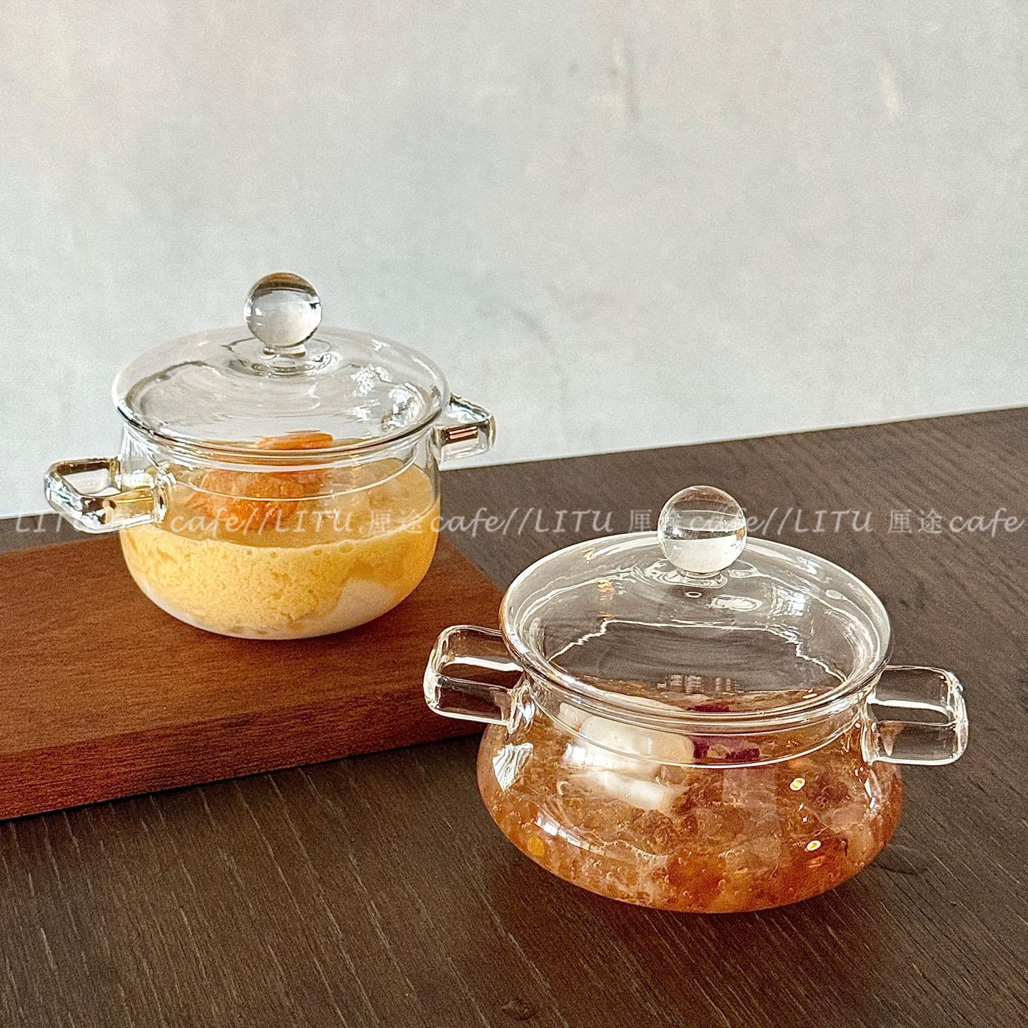 High Borosilicate Glass Stew Pot with Lid, Double-Ear Pot for Home Use, Restaurant Bird's Nest Dessert Pot, Creative White Fungus Soup and Steamed Egg Bowl