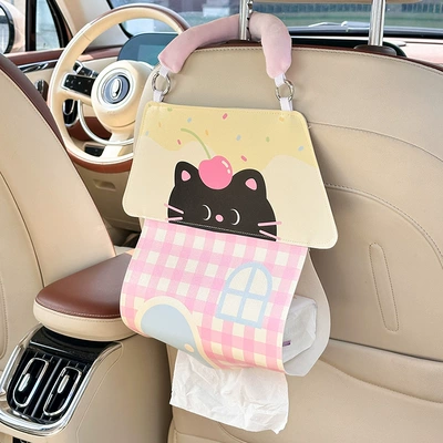 Cartoon Leather Tissue Box, Car tissue box/set - cherry-black-cat-leather-tissue-bag