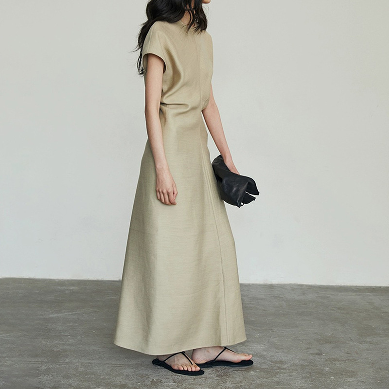 Ready Stock Manufacturer Wholesale Pure Color Dress Spring and Summer New Women's Short-Sleeved Women's Skirt Slim Elegant Long Skirt High Sense