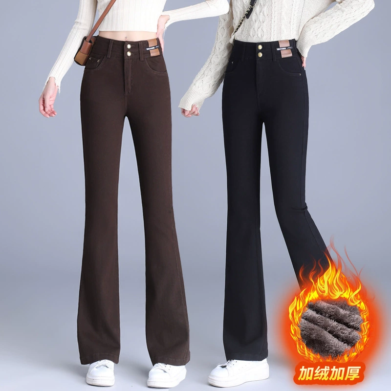 Плюшевые толстые джинсы с высокой талией микролакальные джинсы женские осенние и зимние тонкие подковообразные брюки