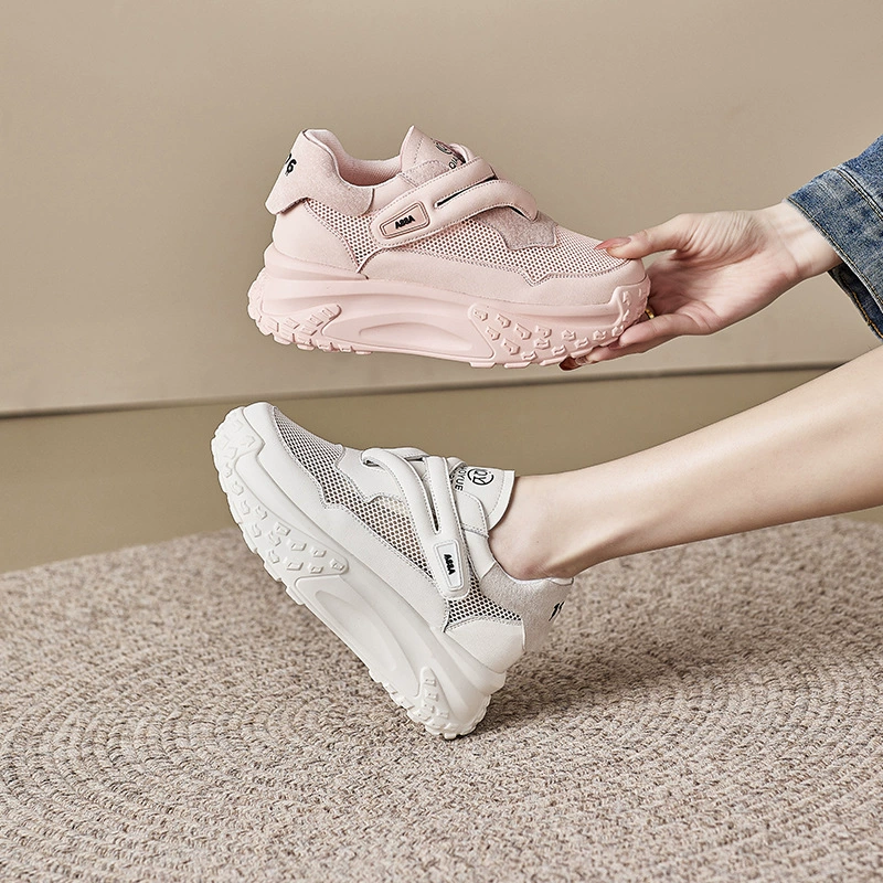 Женские повседневные туфли из натуральной кожи 2025 года, маленькие размеры, на толстой подошве, увеличивающие рост, в корейском стиле, кроссовки-«папины» на липучках, белые студенческие туфли