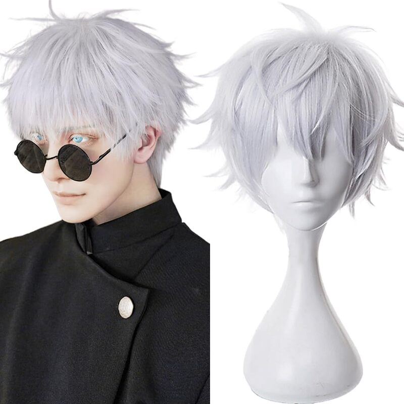 Five Enlightenment Wig Silver White COS Spell Battle Anime High Temperature Silk COSplay Wig Men's Short Hair Glasses