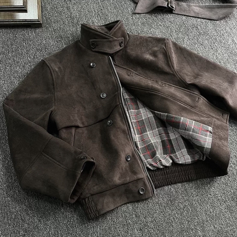 High-quality Mocha hunting jacket, barn-style, vintage M65 brown patchwork short suede jacket with a turn-down collar for spring and autumn High-quality Mocha hunting jacket, barn-style, vintage M65 brown patchwork short suede jacket with a turn-down collar for spring and autumn
