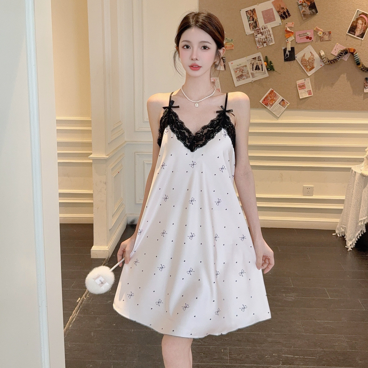 Summer New Ice and Snow Silk Pajamas for Women, Pure Lust Style Printed Suspenders, Lace Bow Nightgown, Sexy Home Clothes