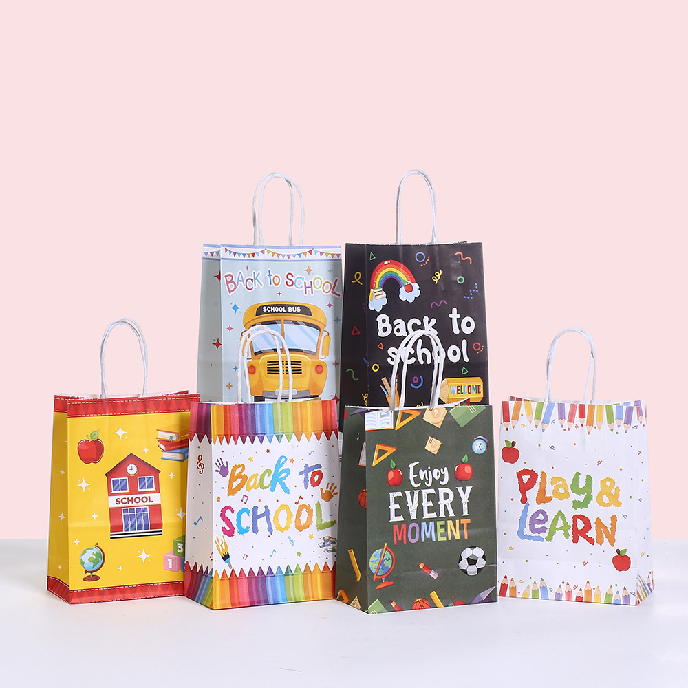 新款牛皮纸袋学校购物袋批发派对礼物包装袋返校季礼品袋印花手提