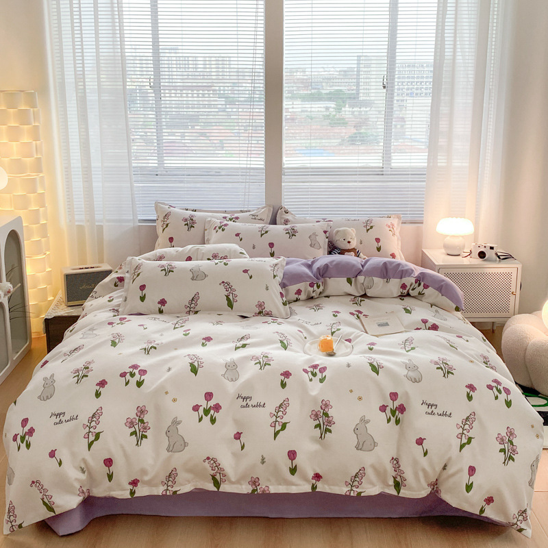 2024 New Plant Cashmere Printed Quilt Cover Bed Sheet Bedding Four-piece Set