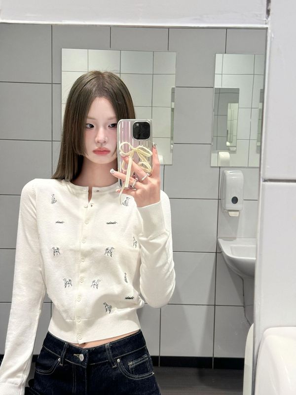 刺绣小狗短款白色毛衣针织开衫女早秋季新款修身高腰小上衣打底衫|undefined