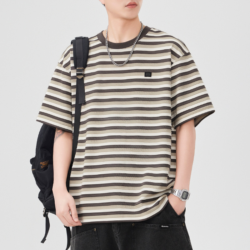 Striped Contrast Color Short-sleeved T-shirt Men's Summer Trendy Brand Fashionable Loose Retro Round Neck Half-sleeved Heavy Top for Couple Striped Contrast Color Short-sleeved T-shirt Men's Summer Trendy Brand Fashionable Loose Retro Round Neck Half-sleeved Heavy Top for Couple