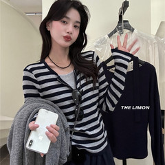 the limon柠檬绿茶2025秋季设计感假两件条纹针织衫女毛衣打底衫