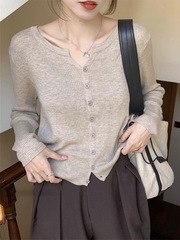 秋冬新款V领针织衫女薄款长袖纯色短款外搭修身毛衣开衫外套上衣