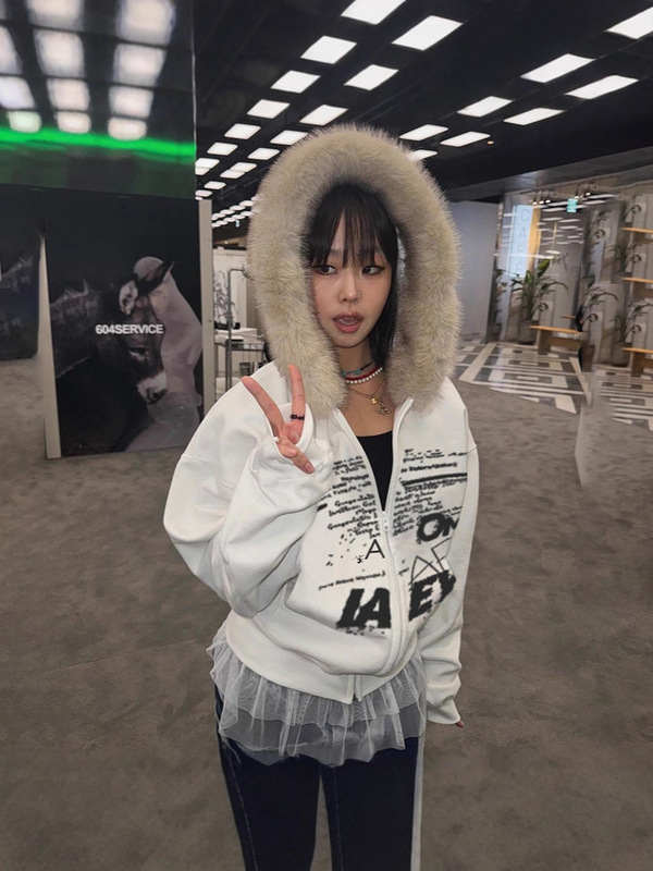 美式复古潮流设计感做旧毛领印花连帽衫个性宽松男女同款暗黑卫衣|undefined