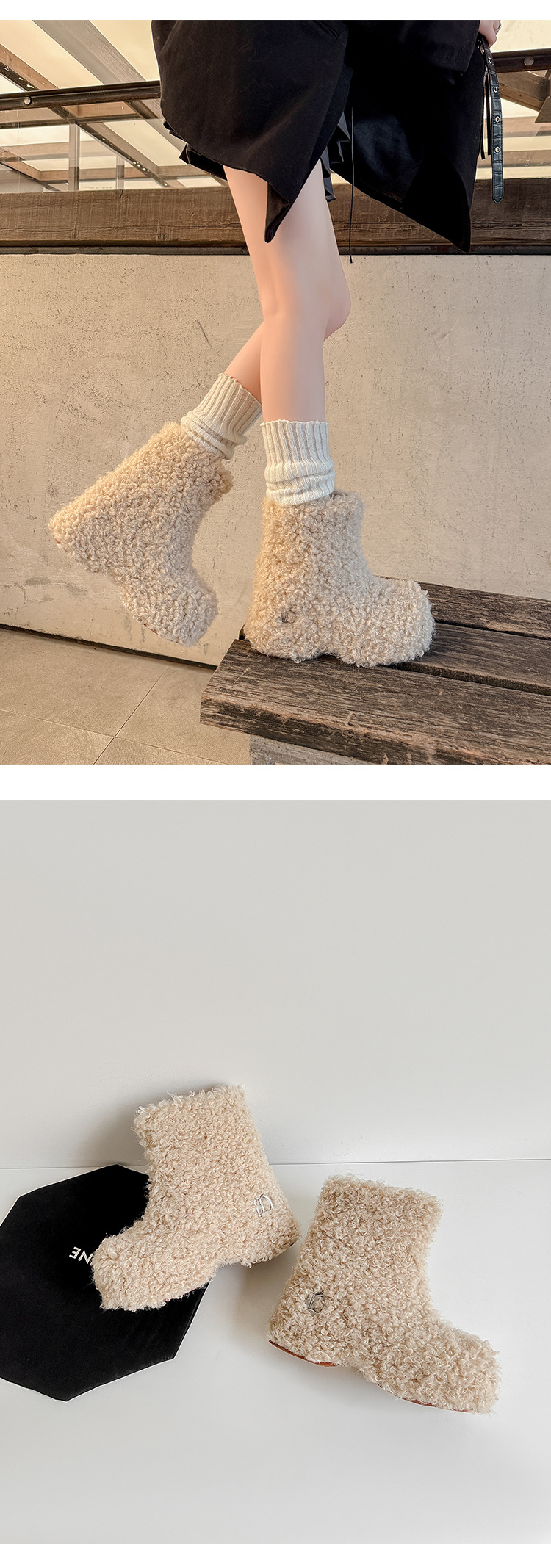 Boot nữ cổ cao lông cừu đế dày giữ ấm mùa đông — Lót nhung đen chi tiết 12