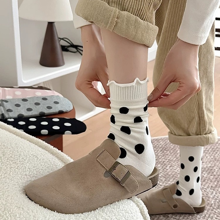 女襪春秋冬襪子吸汗透氣中筒襪可愛波點木耳卷邊堆堆襪ins潮襪女