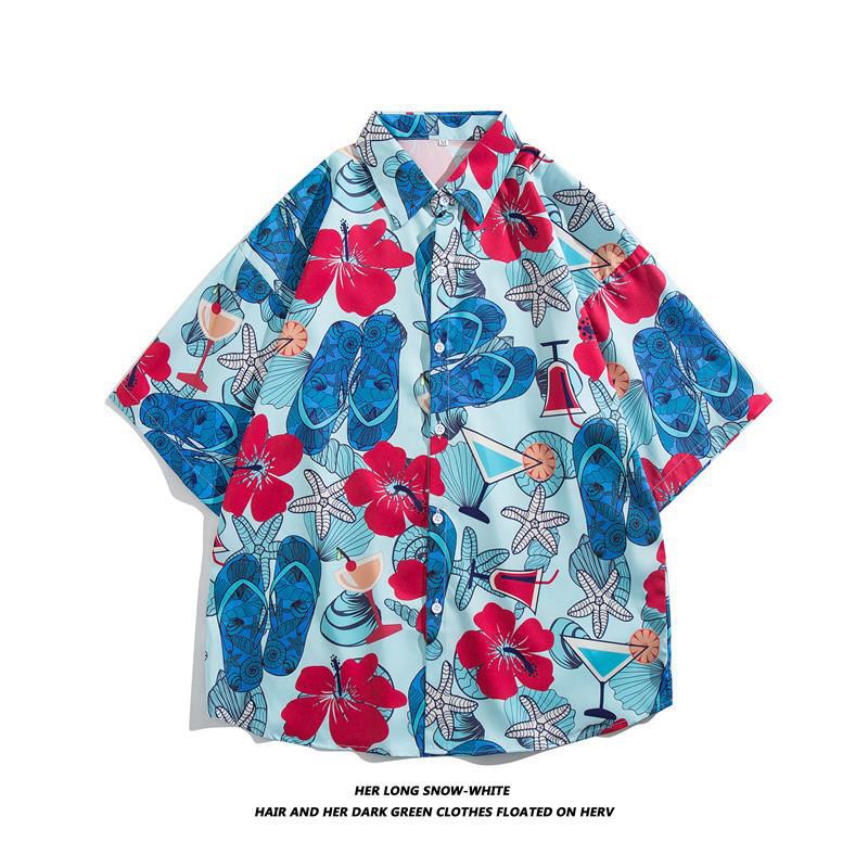 Hong Kong estilo Retro Vintage floral camisa de manga corta Estilo Hawaiano tailandés diseño sentido Ruan guapo camisa suelta para hombres y mujeres