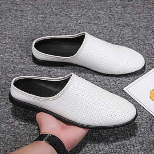 Slippers Men's 2025 Spring and Summer Leather Toe Cover Leg Half Shoes Hollow Slip-on Lazy Low Heel Leather Sandals