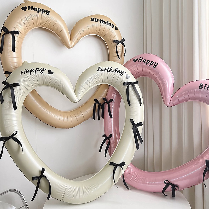 Herzförmiger Fotorahmen mit Schleifenmotiv, ausgehöhlte Aluminiumfolienballons für Kindergeburtstage, Partydekorationen und Foto-Requisiten_voghion.com