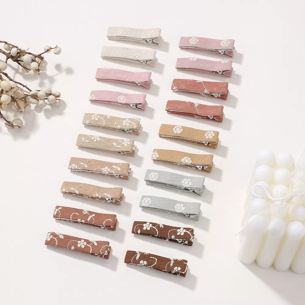 欧美秋冬新款纯色刺绣棉麻花朵一字夹儿童发卡手工全包边夹3861