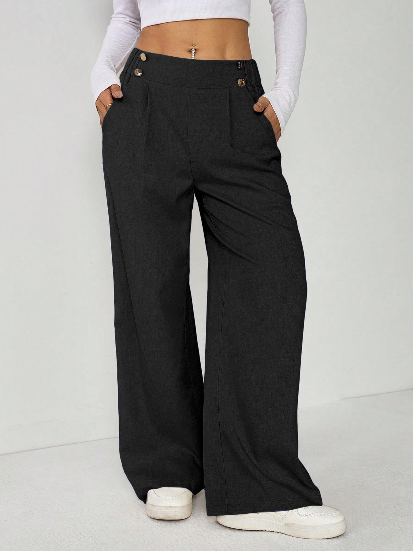 Women's Wide Leg Straight Leg Trousers Casual Fashion European American Style Button Decoration Commuting Pants_ecoleips.com