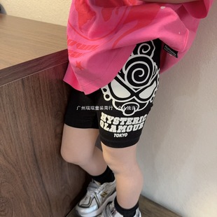 Boys' Riding Pants Summer New Girls Printed Black Tight Leggings Printed Cartoon All-match Middle Leg Pants