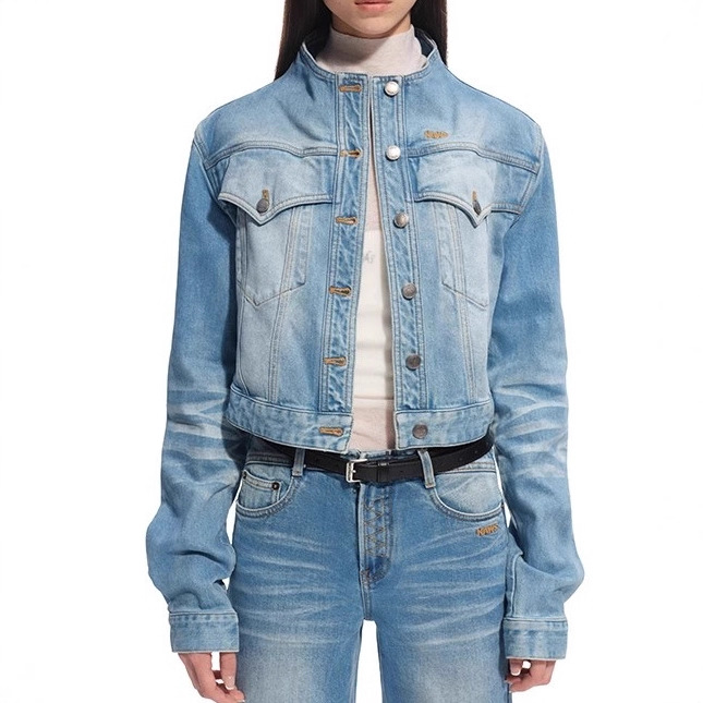 Women's Clothing Stand Collar Short Autumn Heavyweight Denim Jacket With Retro Stand Collar | Oversized Short Cropped Jacket For Men & Women_voghion.com