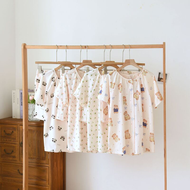 Summer Short-sleeved Shorts Women's Pajamas plus size Home Clothes Elastic suit Soft Cartoon Cotton Half-sleeved Three-part Pants Thin