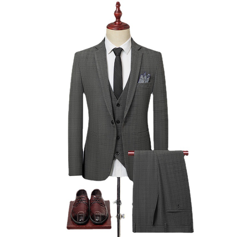 Men's Clothing yarn dyed three piece suit one button men's business suit slim formal suit professional wedding suit suit_voghion.com