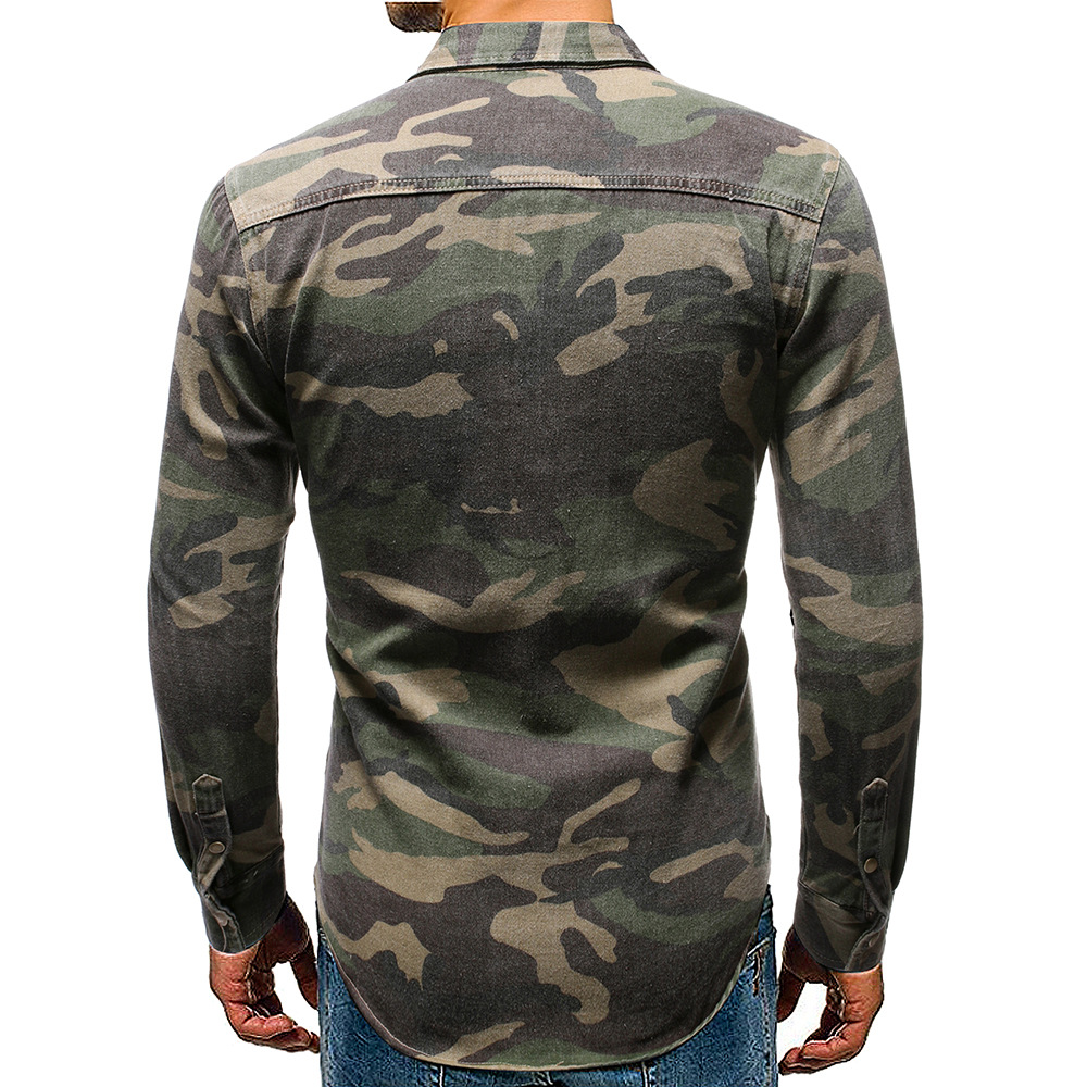 Camicia militare in jeans camouflage a maniche lunghe uomo_voghion.com