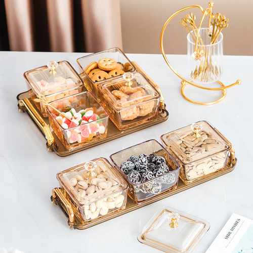 Glass dried fruit dish with plastic cover double ear tray snack plate snack cake plate Nordic light luxury snack plate