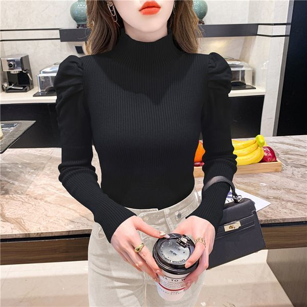 2024秋冬新款半高领泡泡袖加厚毛衣针织衫女个性打底衫内搭上衣潮