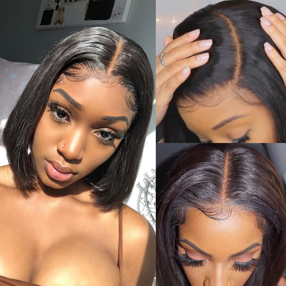 Inventario al por mayor transfronterizo damas europeas y americanas venta caliente lindo Bob pelo corto recto frente peluca de encaje fibra química cubierta de cabeza