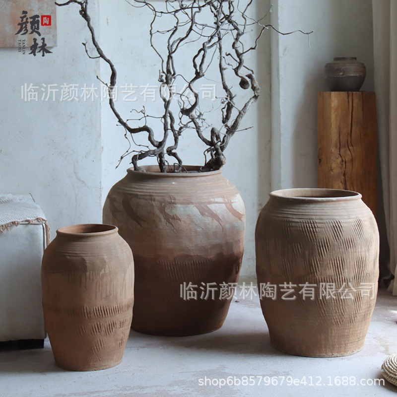 Hecho a mano vasijas de cerámica de tierra combinación de vasijas de cerámica Zen antiguo arte chino decoración de vivienda de cerámica gruesa