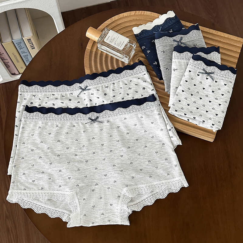 9870 # Bm Style Floral Dark Blue Seamless Modal Full-Length Panties for Girls, 10A Antibacterial Mid-Waist Panties