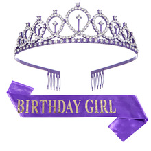 跨境新款紫色水晶皇冠发箍肩带礼仪带 生日王冠丝带腰带派对装饰