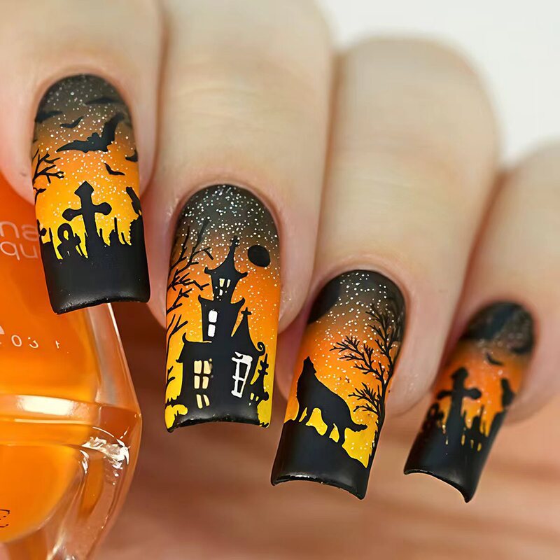 Halloween Wearable Nails Orange and Black Gradient Black Cat Bat Withered Tree Design 24 Pieces European and American Fashion Fake Nails Manicure Halloween Wearable Nails Orange and Black Gradient Black Cat Bat Withered Tree Design 24 Pieces European and American Fashion Fake Nails Manicure