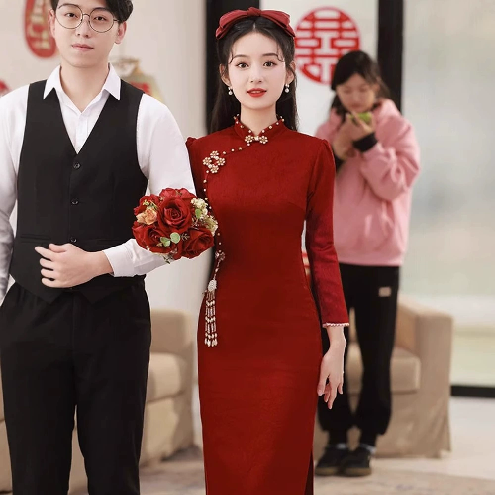 Новое свадебное платье в китайском стиле для помолвки и торжеств, платье невесты для встречи с родственниками, длинное платье, чонсам, элегантное и изящное.