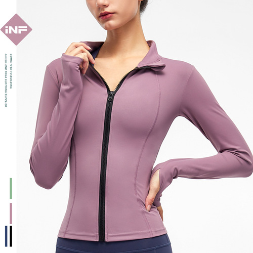 New style brushed fitness clothing jacket, women's tight-fitting zipper top, slimming stand-up collar, sports long-sleeved nude yoga clothing