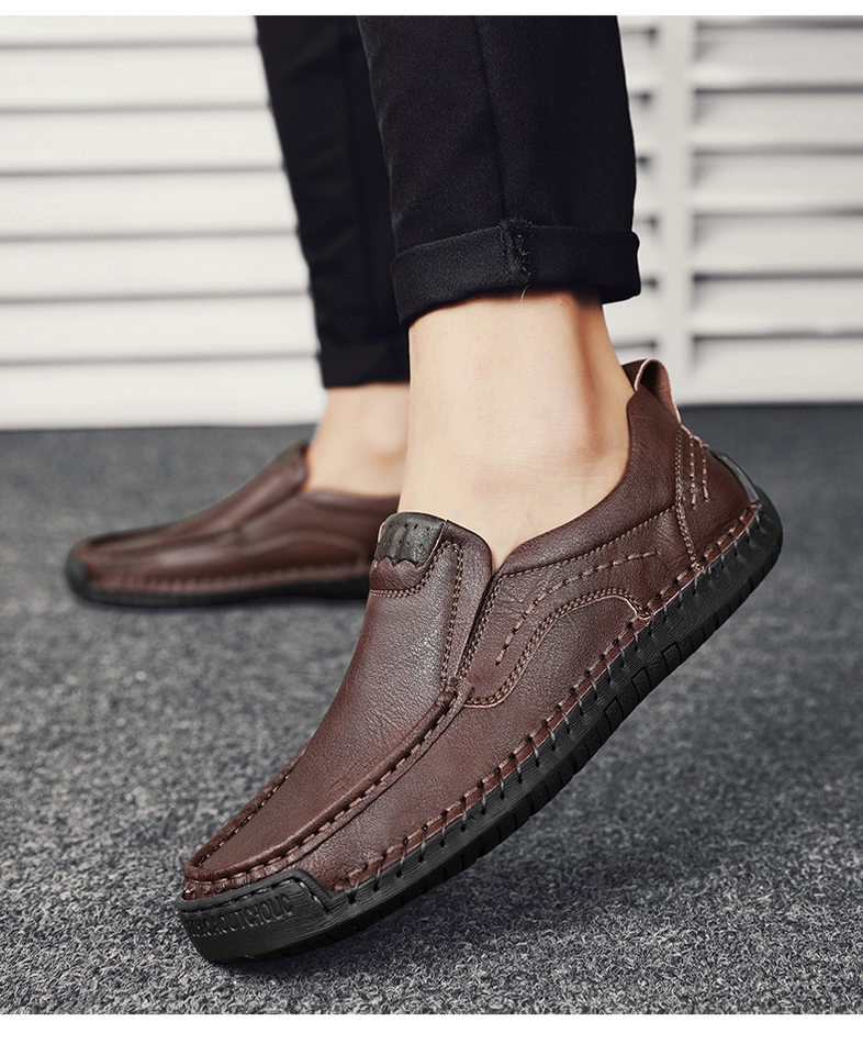 Giày lười nam da bò khâu thủ công cổ thấp mũi tròn, đế bằng — 9914 kaki, 9914 màu đen, 9914 nâu sẫm, Màu xám 9914 chi tiết 16