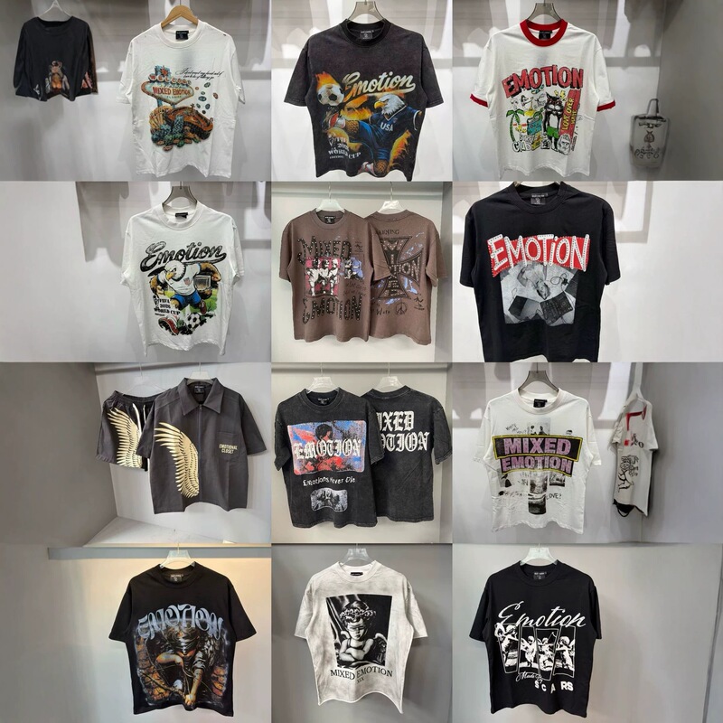 New cross-border trendy MIXED EMOTION retro street rock round-neck pure cotton short-sleeve loose-fit T-shirt