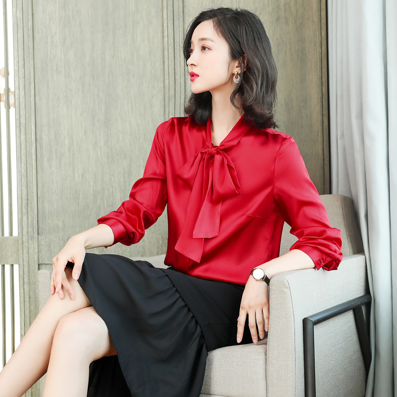 Heavyweight Silk Shirt for Women, New Design with a Unique French Style, Elegant Ribbon, Solid Color Mulberry Silk Shirt for Women Heavyweight Silk Shirt for Women, New Design with a Unique French Style, Elegant Ribbon, Solid Color Mulberry Silk Shirt for Women