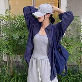 【专供东南亚】复古格子蓝色衬衫宽松休闲上衣防晒长袖外套衬衣